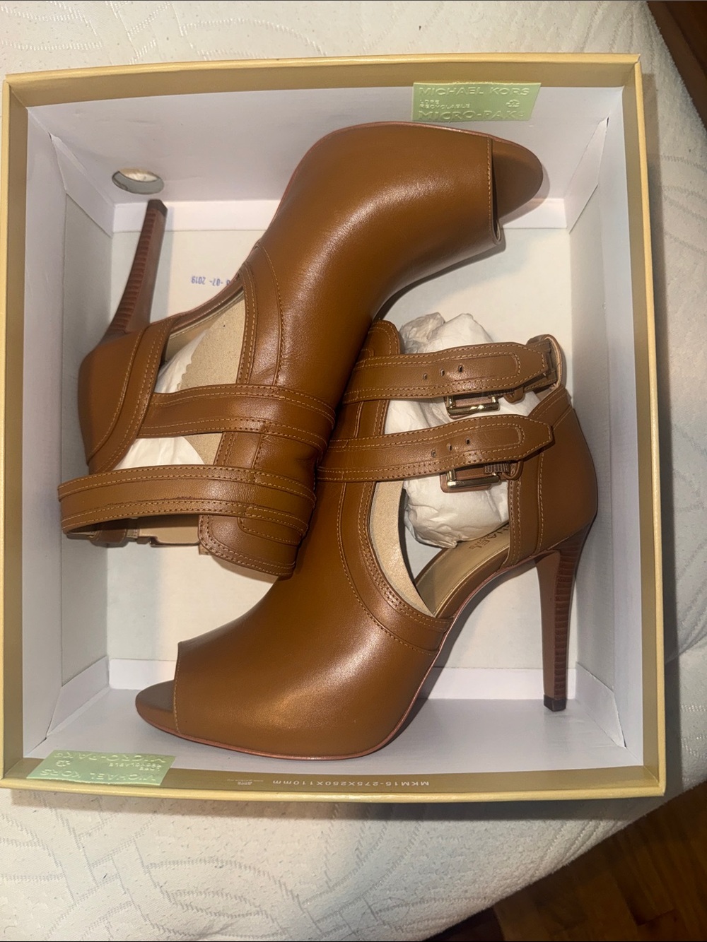 MICHAEL Michael Kors Cognac Brown Peep-Toe Strappy Stiletto Booties